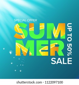 vector summer sale modern design template banner or poster. Summer sale label with typographic text on azure water background with lights
