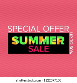 vector summer sale modern design template banner or poster. Summer sale label with typographic text on pink background