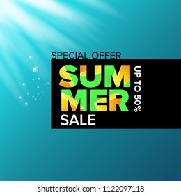 vector summer sale modern design template banner or poster. Summer sale label with typographic text on azure water background with lights