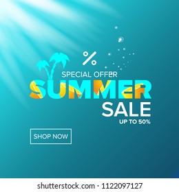 vector summer sale modern design template banner or poster. Summer sale label with typographic text on azure water background with lights