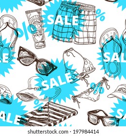 Vector summer sale pattern with sale sign and discount percent. Seamless simple pattern. Modern stylish texture. Repeating abstract background.