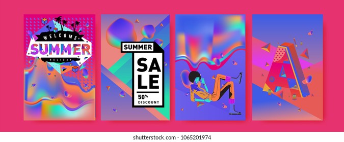 Vector summer sale poster and background. Set of fashion summer banner discount and promotion.