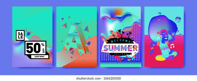 Vector summer sale poster and background. Set of fashion summer banner discount and promotion.
