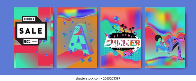 Vector summer sale poster and background. Set of fashion summer banner discount and promotion.