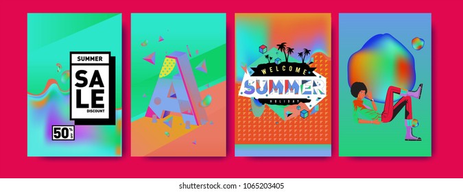 Vector summer sale poster and background. Set of fashion summer banner discount and promotion.