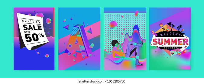 Vector summer sale poster and background. Set of fashion summer banner discount and promotion.

