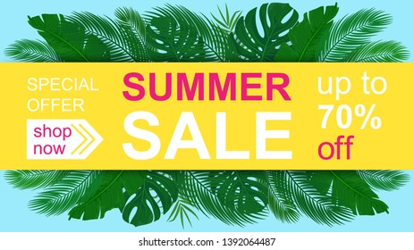 Vector Summer Sale tag design with tropical leaves on geometric simple background. Big summer offer design, Sale horizontal template for flyer, invitation, poster, web site, social media. 