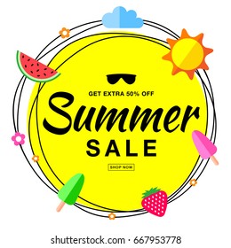 Vector summer sale template banner, hand drawn typographic lettering with scribble circle isolated on white background with flat sun, watermelon, ice cream, strawberry vector summer design element.