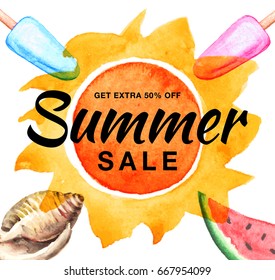Vector  summer sale template banner with creative sun orange background. Colorful ice cream, shell, watermelon, sun with realistic paper watercolor texture. Campaign sale 50% off.