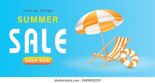 The vector of summer sale template, Horizontal orientation with the blue background and umbrella beach, beach ball and canvas beach.