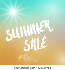 Vector summer sale template. Summer sale template on colorful background. Template with sun object. Sale text template with sparkles. Sale card template for various use, esp. for discount events.