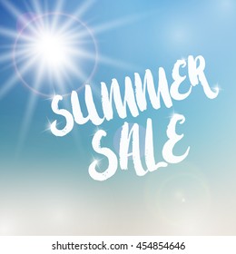 Vector summer sale template. Summer sale template on blurred background. Template with sun and flare objects. Sale text template with sparkles.