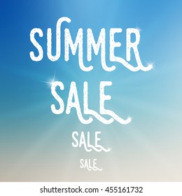 Vector summer sale template on blurred background. Sale text with sparkles.
