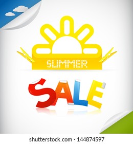 Vector Summer Sale theme with yellow sun, blue sky and green grass