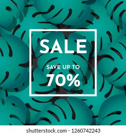 Vector Summer Sale trendy banner. Save up yo 70 percent. Hot template with isolated pattern green exotic tropical palm leaves on a black background