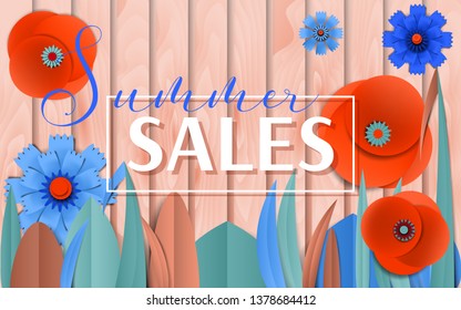 Vector Summer sales poster by cut paper flowers