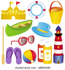 Vector of Summer, sand castle, boat, lighthouse, sunblock, sandals for beach holiday. A set of cute and colorful icon collection isolated on white background