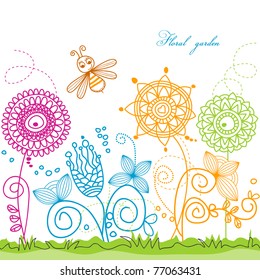 Vector summer scene: bee visiting flowers
