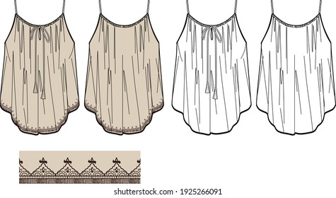 Vector summer scrappy top fashion CAD, woman tank top with tassels and embroidery technical drawing, sleeveless blouse with print fashion flat, template, sketch