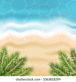 Vector summer sea background with sandy beach, ocean water and palm leaves