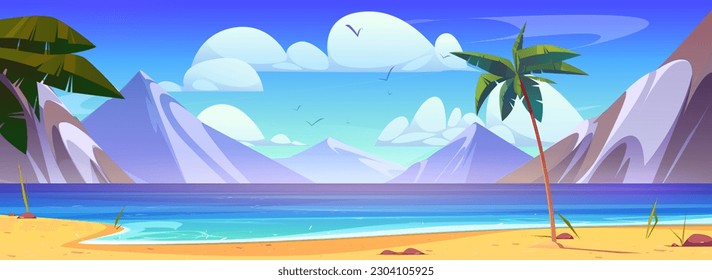 Vector summer sea beach cartoon mountain view background. Ocean tropical paradise landscape with sand shore and palm tree. Exotic mediterranean bay panorama illustration with wild coastline concept
