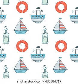 Vector summer sea cute seamless pattern in cartoon style