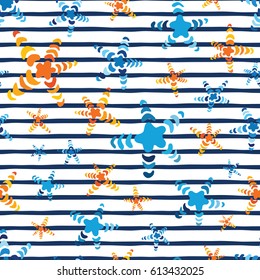 Vector summer sea hand drawn seamless repeat pattern with seashells on dark blue stripe background made in cartoon color style