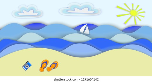 vector summer sea illustration, sea, sailfish, photo camera, beach shoes, beach vacation