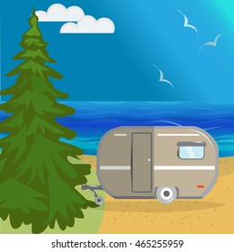 Vector summer sea landscape with a huge Christmas tree, beach, beautiful sea, blue sky
