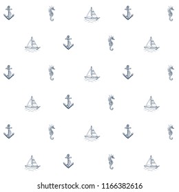 Vector summer sea pattern. Anchor, boat, hippocampus, ship. Travel illustration.