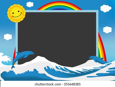 Vector summer sea photo-frame or background for kid: dolphins jumping waves, the sun smiling happily