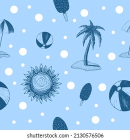 vector summer seamless blue background with objects in strokes