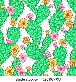 Vector summer seamless colorful exotic pattern with blooming succulents, cactuses and flowers on white background 