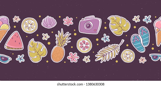 Vector summer seamless horizontal border. Sketch colorful icon set of ice-cream, sunglasses, flower, pineapple, shell, watermelon, flipflops, leaf, seaweed. Web background, wallpaper, card design.