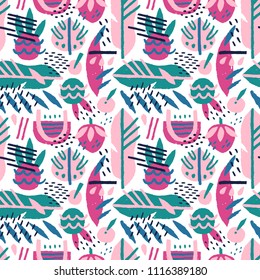 Vector summer seamless pattern with abstract palm leaves, pineapple, slice of watermelon. Hand drawn stylish repeated texture.