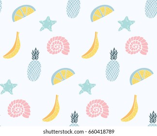 Vector summer seamless pattern with bananas, pineapples, oranges, seashells and starfishes.