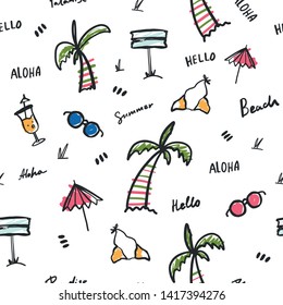 Vector Summer seamless pattern. Beach textile illustration. Print wallpaper with bikini, palm and cocktail