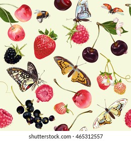 Vector summer seamless pattern with berries and butterflies. Background design for tea, ice cream, natural cosmetics,candy and bakery with berries filling,health care products.Best for wrapping paper.