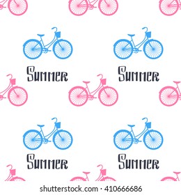 Vector summer seamless pattern. Bicycles and hand lettering summer