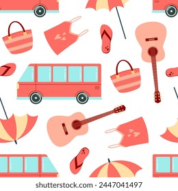 Vector summer seamless pattern with bus, guitar, bag, t-shirt, parasol and flip-flops