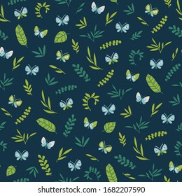 Vector summer seamless pattern with butterflies and leaves. Bright floral repeated texture with insects. Natural background with floral elements. Wrapping paper template. Kids textile swatch.