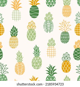 Vector summer seamless pattern with colored pineapples. Tropical repeated texture with exotic fruits. Hand drawn summer print for fabric and wrapping paper.