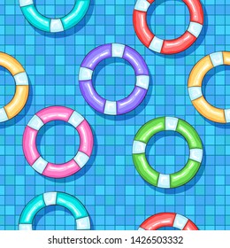 Vector summer seamless pattern with colorful lifebuoys and swimming pool mosaic background