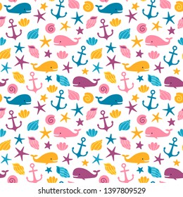 Vector summer seamless pattern with cute whales, shells, anchors and stars. Repeated texture with sea elements. Bright childish background with cartoon characters.