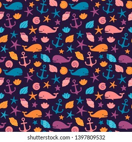 Vector summer seamless pattern with cute whales, shells, anchors and stars. Repeated texture with sea elements. Bright childish background with cartoon characters.