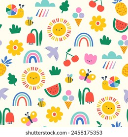 Vector summer seamless pattern with cute colorful hand drawn elements in bright rainbow colors for kids textile, packaging, wrapping paper, wallpaper.