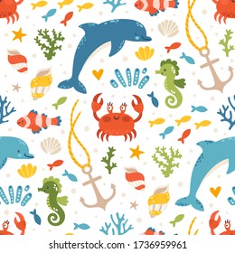 Vector summer seamless pattern with dolphins, crab, shells, seaweed and sea horses. Sea repeated texture with underwater cartoon characters. Colorful childish swatch for kids fabric and wrapping paper