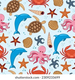 Vector summer seamless pattern with dolphins, crab, shells, dolphins. Sea repeated texture with underwater animals.