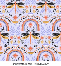 Vector summer seamless pattern with dragonfly, rainbow, flowers, sun.Symmetry folk art style drawing. Isolated on background.