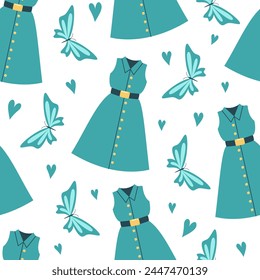 Patrón sin costuras de verano de Vector con vestido y mariposa